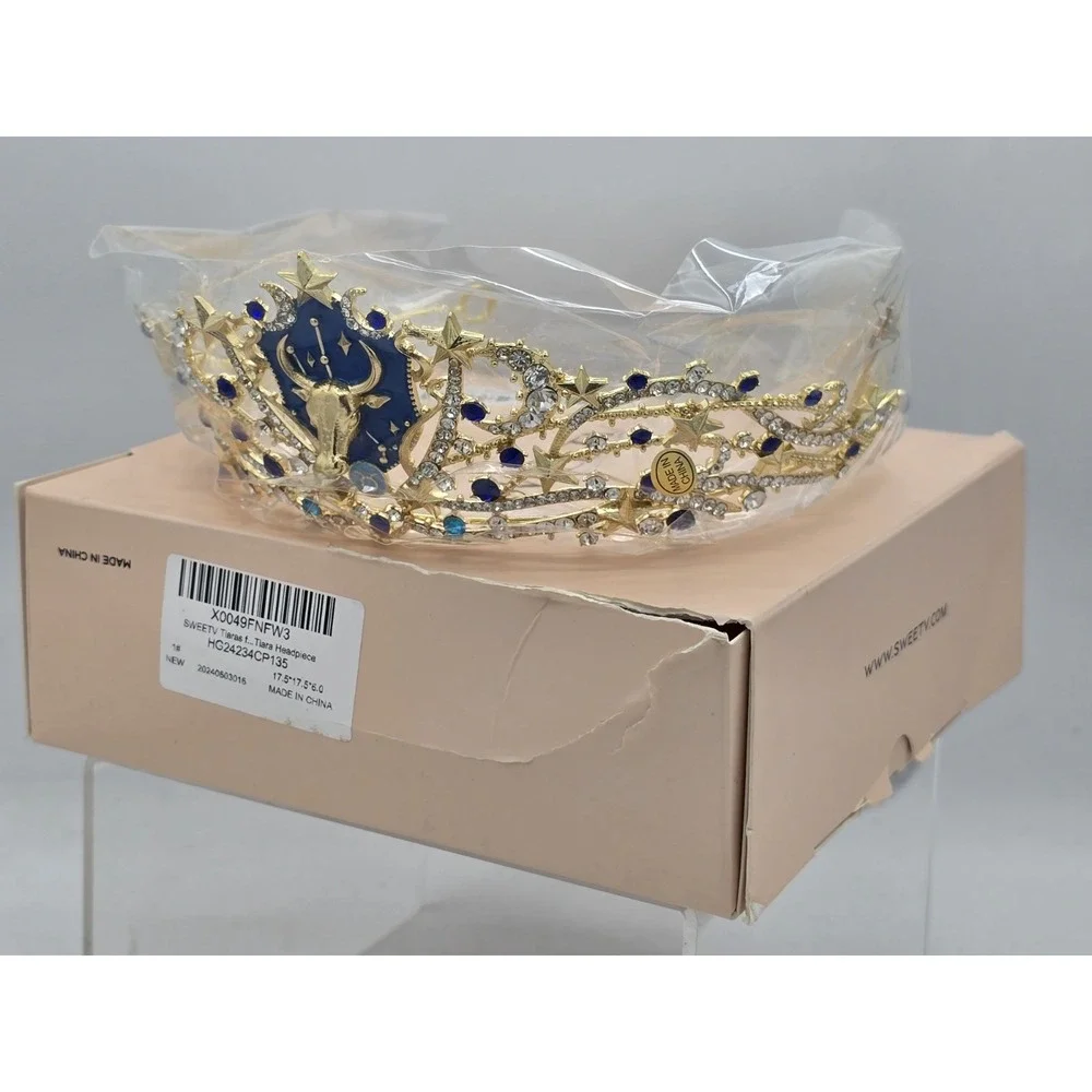 NEW SWEETV Zodiac Crown/Tiara - Gold/Silver/Aqua/Blue - Symbol‎ Taurus